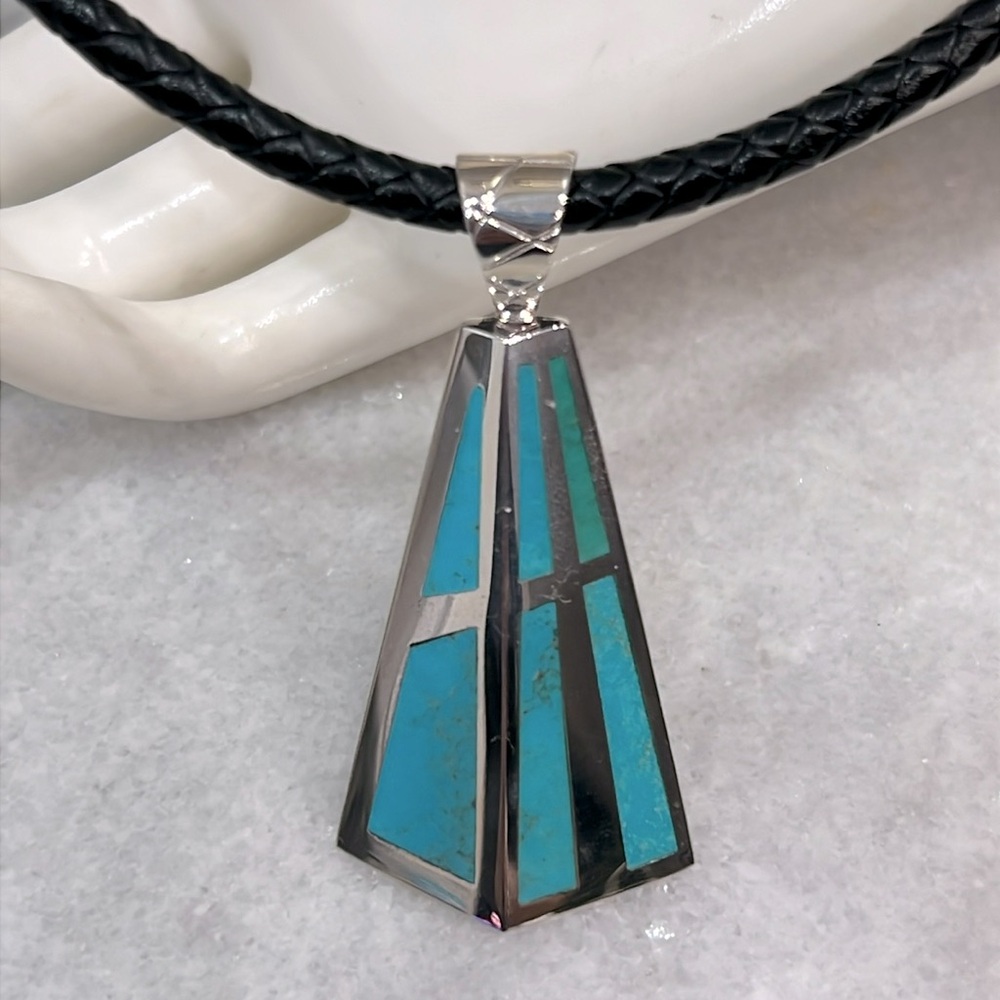 Turquoise Sterling Silver Pendant Leather Cord Necklace